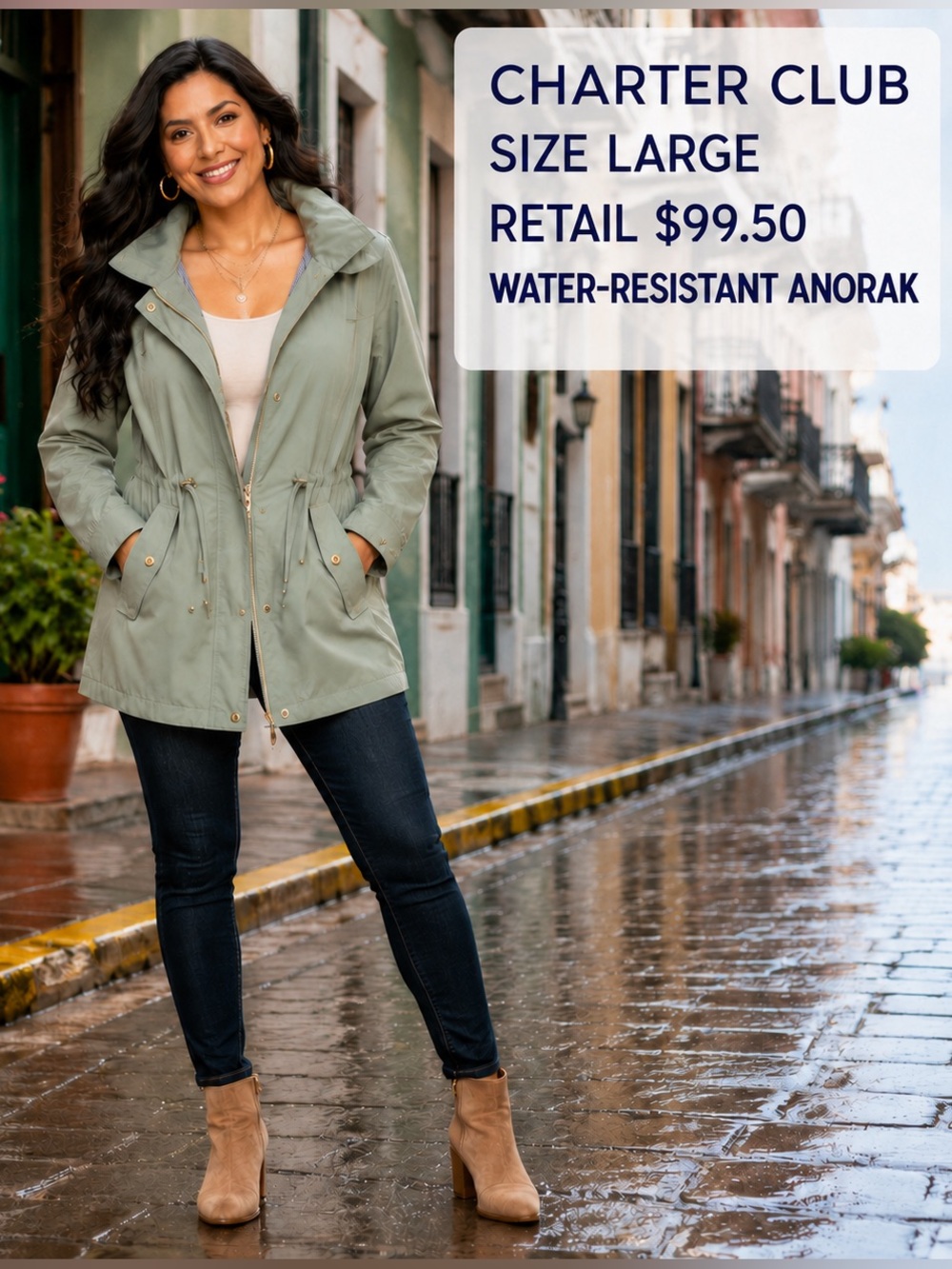 Charter Club Light Sage Green Hooded Anorak Jacket